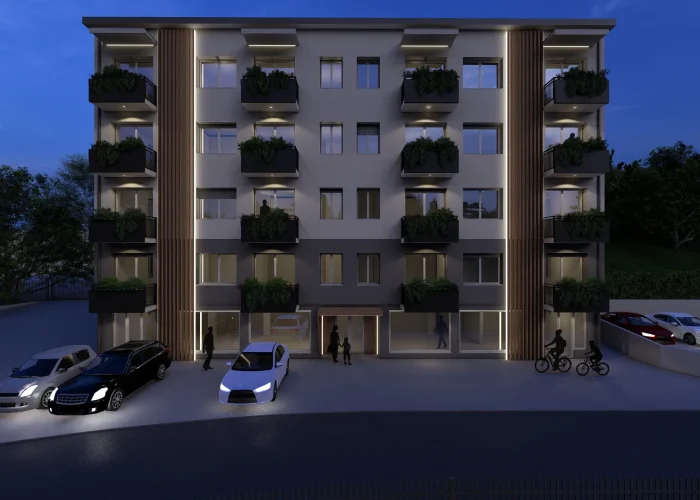 Render di un condominio notturno in Tavernerio, in provincia di Como, la ristrutturazione è ad opera di Casalino Engineering