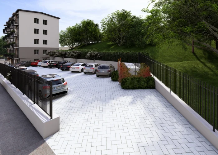 Render con il parcheggio in primo piano di un edificio integralmente ristrutturato dalla Casalino Engineering